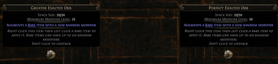 path of exile 2 greater exalted orb and perfect exalted orb